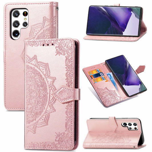 For Samsung Galaxy S22 Ultra 5G Mandala Flower Embossed Horizontal Flip Leather Case with Holder & Card Slots & Wallet & Lanyard(Rose Gold) - Samsung Accessories by buy2fix | Online Shopping UK | buy2fix