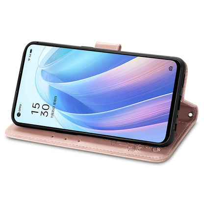 For OPPO Reno7 5G Four-leaf Clasp Embossed Buckle Leather Phone Case(Rose Gold) - OPPO & vivo Accessories by buy2fix | Online Shopping UK | buy2fix