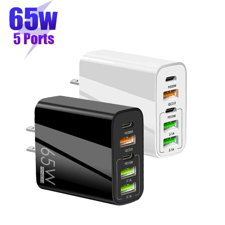 65W Dual PD Type-C + 3 x USB Multi Port Charger with 3A USB to Micro USB Data Cable, US Plug(White) - Mobile Accessories by buy2fix | Online Shopping UK | buy2fix