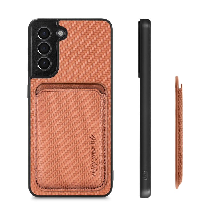 For Samsung Galaxy S21+ 5G Carbon Fiber Leather Card Magsafe Magnetic Phone Case(Brown) - Galaxy S21+ 5G Cases by buy2fix | Online Shopping UK | buy2fix