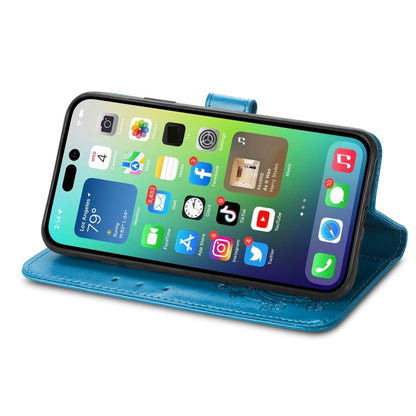 For iPhone 15 Plus Four-leaf Clasp Embossed Buckle Leather Phone Case(Blue) - iPhone 15 Plus Cases by buy2fix | Online Shopping UK | buy2fix