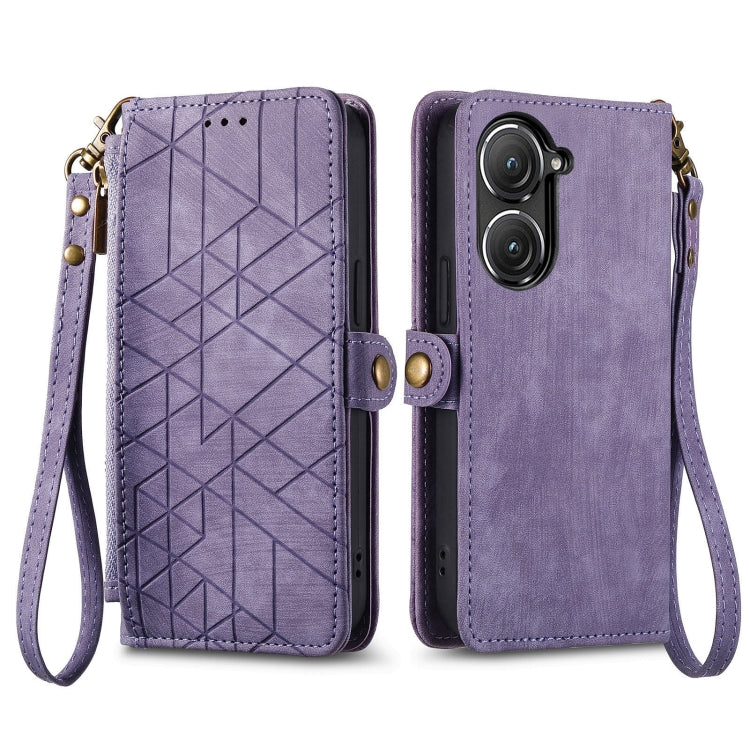 For ASUS Zenfone 9 Geometric Zipper Wallet Side Buckle Leather Phone Case(Purple) - ASUS Cases by buy2fix | Online Shopping UK | buy2fix