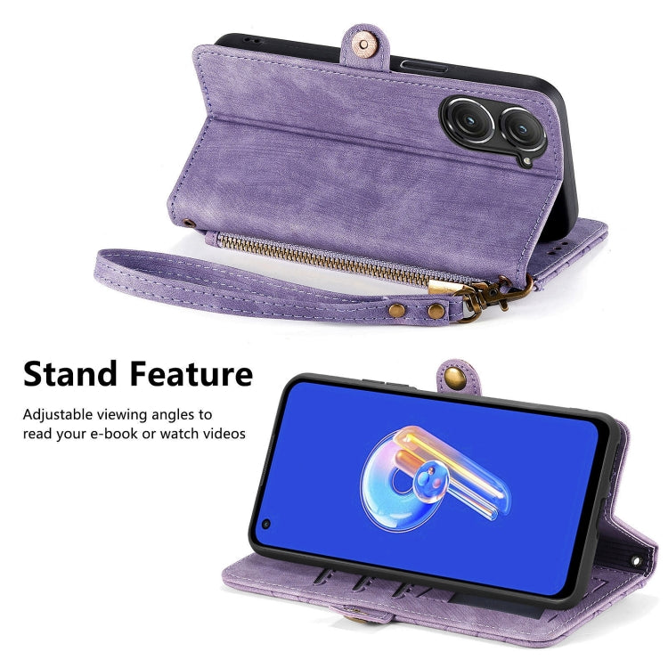 For ASUS Zenfone 9 Geometric Zipper Wallet Side Buckle Leather Phone Case(Purple) - ASUS Cases by buy2fix | Online Shopping UK | buy2fix