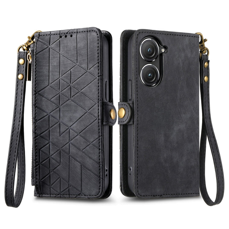 For ASUS Zenfone 9 Geometric Zipper Wallet Side Buckle Leather Phone Case(Black) - ASUS Cases by buy2fix | Online Shopping UK | buy2fix