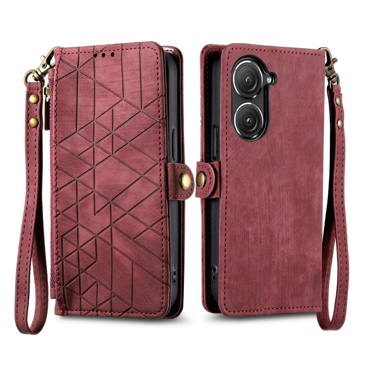 For ASUS Zenfone 10 Geometric Zipper Wallet Side Buckle Leather Phone Case(Red) - ASUS Cases by buy2fix | Online Shopping UK | buy2fix