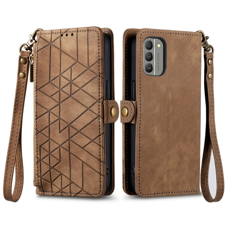 For Nokia C3 Geometric Zipper Wallet Side Buckle Leather Phone Case(Brown) - Nokia Cases by buy2fix | Online Shopping UK | buy2fix