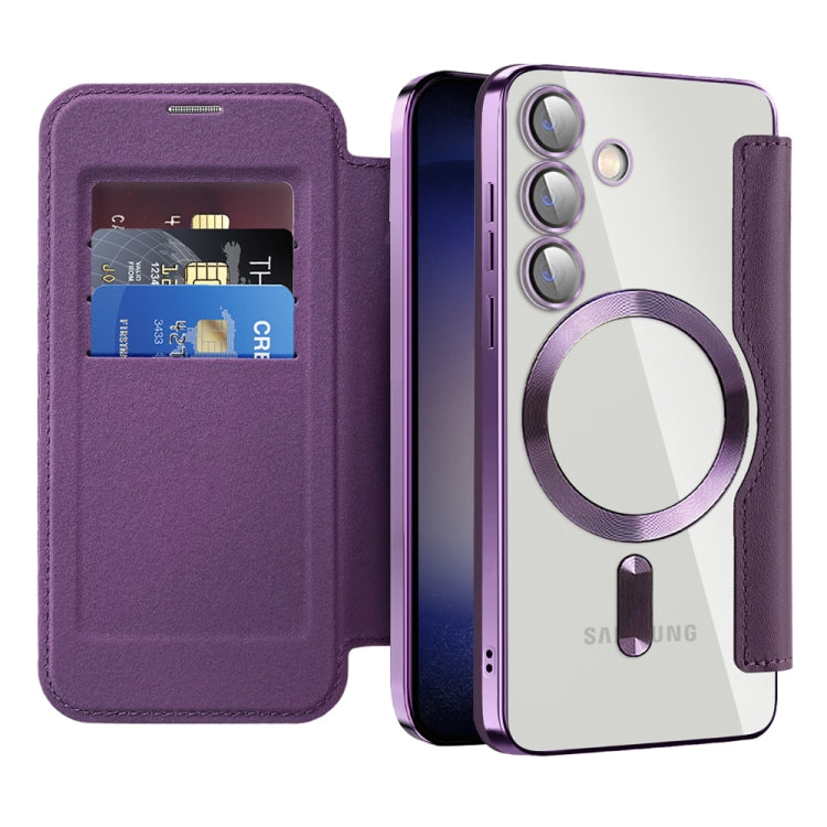 For Samsung Galaxy S24 5G Shield Magsafe RFID Anti-theft Rhombus Leather Phone Case(Purple) - Galaxy S24 5G Cases by buy2fix | Online Shopping UK | buy2fix