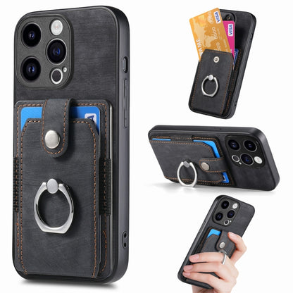 For iPhone 15 Pro Max Retro Skin-feel Ring Card Wallet Phone Case(Black) - iPhone 15 Pro Max Cases by buy2fix | Online Shopping UK | buy2fix