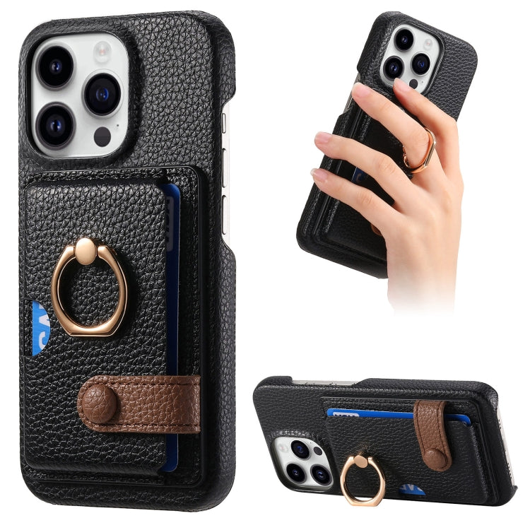 For iPhone 15 Pro Max Litchi Leather Oil Edge Ring Card Back Phone Case(Black) - iPhone 15 Pro Max Cases by buy2fix | Online Shopping UK | buy2fix