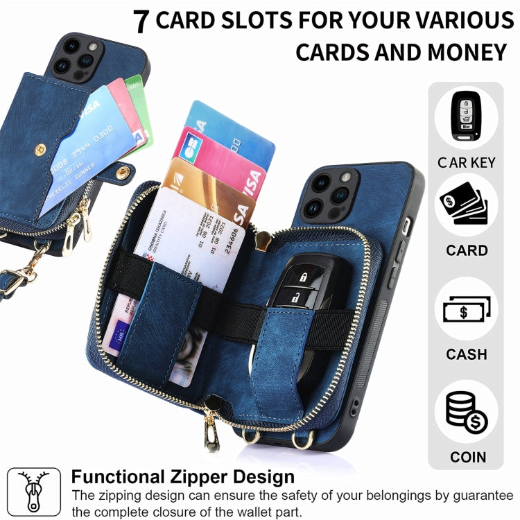 For iPhone 15 Pro Max Crossbody Multi-function Zipper Wallet Phone Case(Blue) - iPhone 15 Pro Max Cases by buy2fix | Online Shopping UK | buy2fix