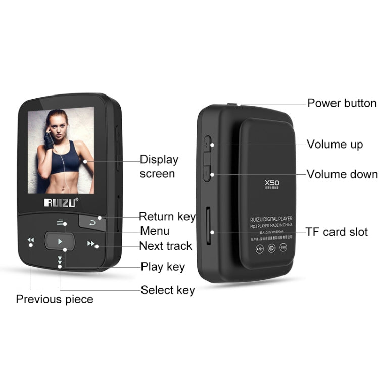 Original RUIZU X50 Sport Bluetooth MP3 Player 8gb Clip Mini with Screen Support FM,Recording,E-Book,Clock,Pedometer - Consumer Electronics by buy2fix | Online Shopping UK | buy2fix