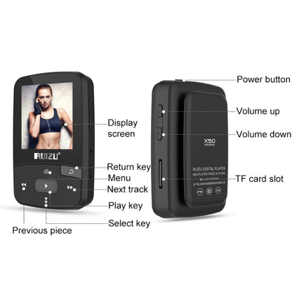 Original RUIZU X50 Sport Bluetooth MP3 Player 8gb Clip Mini with Screen Support FM,Recording,E-Book,Clock,Pedometer - Consumer Electronics by buy2fix | Online Shopping UK | buy2fix