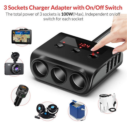 TR12 3 in 1 100W 4USB Car Cigarette Lighter with Switch Voltage Display - Cigar Socket by buy2fix | Online Shopping UK | buy2fix