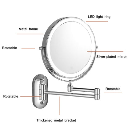 8 Inch Wall-Mounted Double-Sided Makeup Mirror LED Three-Tone Light Bathroom Mirror, Colour:Battery Models Silver(Ten Times Magnification) - Mirror by buy2fix | Online Shopping UK | buy2fix