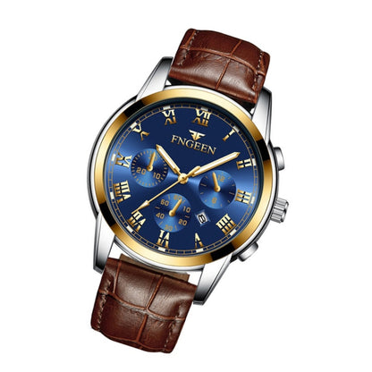FNGEEN 4006 Men Trendy Waterproof Quartz Watch(Brown Leather Gold Blue Surface) - Alloy Watches by FNGEEN | Online Shopping UK | buy2fix