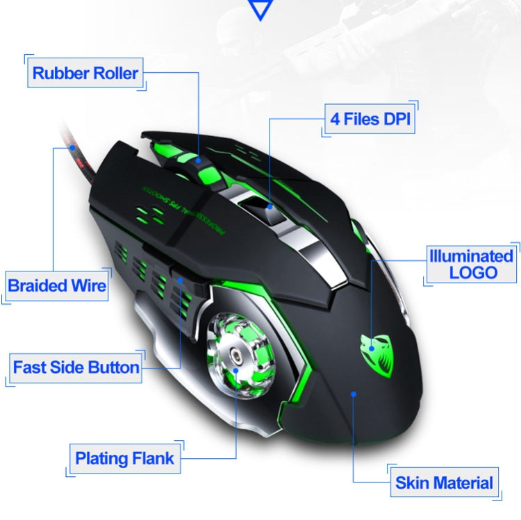 T-WOLF V6 USB Interface 6-Buttons 3200 DPI Wired Mouse Gaming Mechanical Macro Programming 7-Color Luminous Gaming Mouse, Cable Length: 1.5m(Macro Definition Silent Version Black Silver) - Wired Mice by T-WOLF | Online Shopping UK | buy2fix