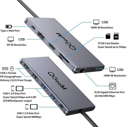 QGeeM 12 In 1 Triple Display 4K Type-C Extension HUB Adapter Support HDMI(QG-UH12-H) - USB HUB by QGeeM | Online Shopping UK | buy2fix