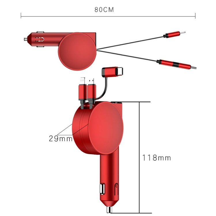 3 In 1 60W Fast Charging Dual Cable Retractable Car Charger(Red) - In Car by buy2fix | Online Shopping UK | buy2fix