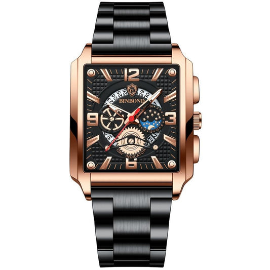 BINBOND B6575 Men Vintage Square Multifunctional Luminous Quartz Watch, Color: Black-Rose Gold-Black-Rose - Metal Strap Watches by BINBOND | Online Shopping UK | buy2fix