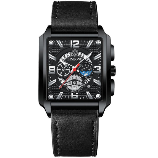 BINBOND B6575 Men Vintage Square Multifunctional Luminous Quartz Watch, Color: Black Leather-Black-Black - Metal Strap Watches by BINBOND | Online Shopping UK | buy2fix