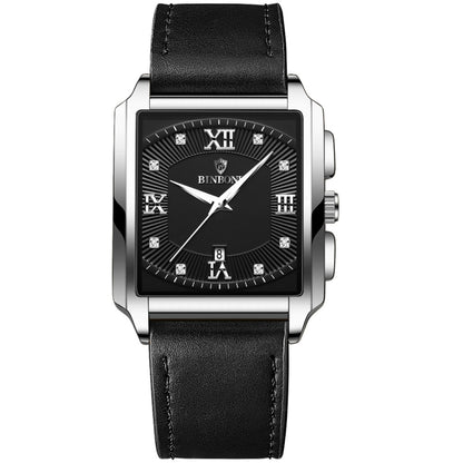 BINBOND B4143 Rectangular Outdoor Men Waterproof Quartz Watches(Black Leather-White Steel) - Metal Strap Watches by BINBOND | Online Shopping UK | buy2fix