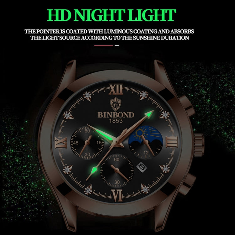 BINBOND B3591 30m Waterproof Luminous Calendar Men Watch, Color: Black Leather-Black-Black - Leather Strap Watches by BINBOND | Online Shopping UK | buy2fix