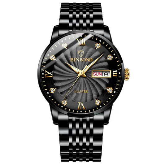 BINBOND B3034 Diamond 30m Waterproof Business Watch Men's Butterfly Buckle Luminous Quartz Watch(Black Steel-Black-Gold Nail) - Metal Strap Watches by BINBOND | Online Shopping UK | buy2fix