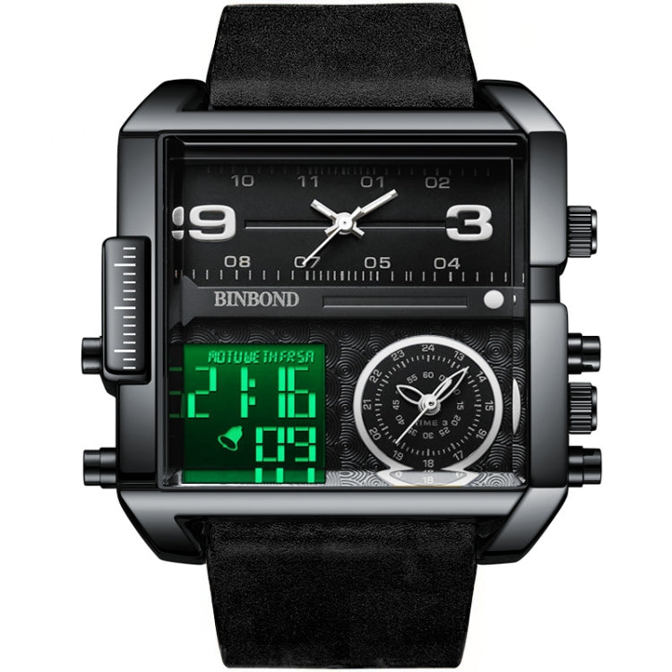 BINBOND B3332 Square Multifunctional Sports Quartz Waterproof Watch(Black Leather-Black-Black-White) - Leather Strap Watches by BINBOND | Online Shopping UK | buy2fix