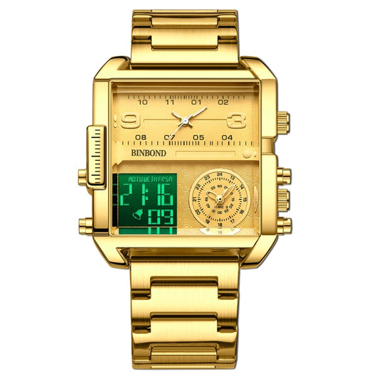 BINBOND B3332 Square Multifunctional Sports Quartz Waterproof Watch(Full-gold-Gold) - Metal Strap Watches by BINBOND | Online Shopping UK | buy2fix