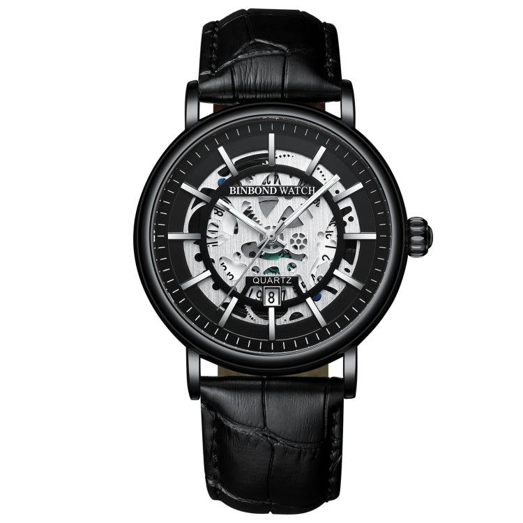 BINBOND B7872 Multifunctional Hollow Luminous Waterproof Quartz Watch, Color: Black Leather-Black-Black - Leather Strap Watches by BINBOND | Online Shopping UK | buy2fix