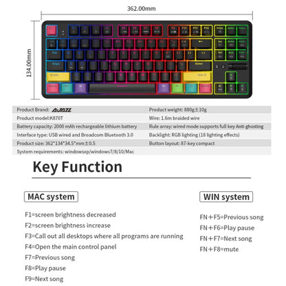 Ajazz K870T 87-Key Hot Swap Bluetooth/Wired Dual Mode RGB Backlight Office Game Mechanical Keyboard Red Shaft (Black) - Wireless Keyboard by Ajazz | Online Shopping UK | buy2fix