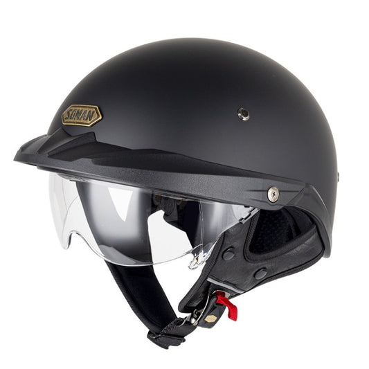 SOMAN Motorcycle Half Helmet Adjustable Helmet With Inner Mirror, Size: S(Matte Black with Transparent Mirror) - Helmets by SOMAN | Online Shopping UK | buy2fix