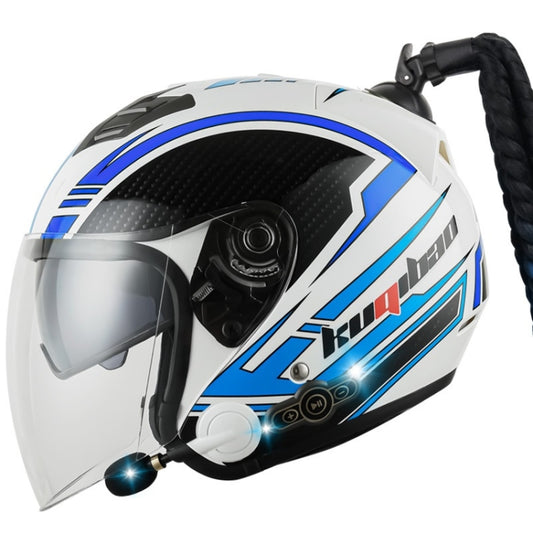 KUQIBAO Motorcycle Bluetooth Headset Double Lens Helmet With Braid, Size: M(White Phantom Fiber) - Helmets by KUQIBAO | Online Shopping UK | buy2fix