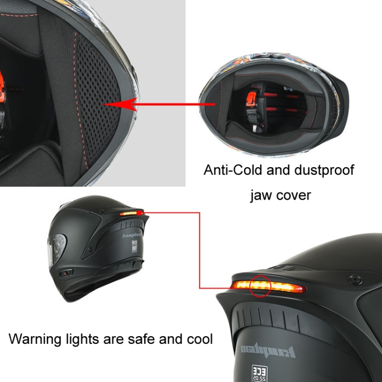 KUQIBAO Motorcycle Dual Lens Anti-Fog Helmet With LED Light, Size: L(Bright Black Wake Lion) - Helmets by KUQIBAO | Online Shopping UK | buy2fix