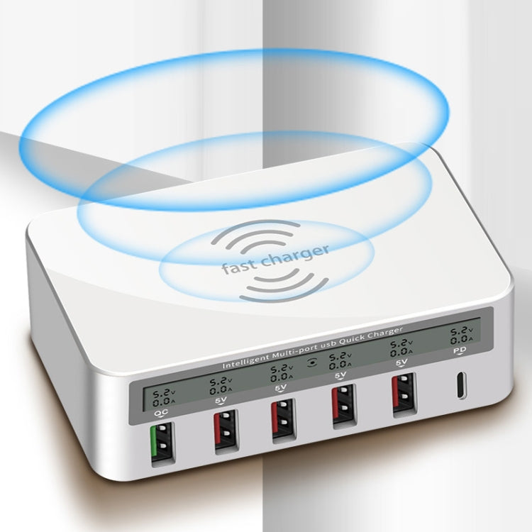 818PF 5 USB Ports + Type-C Smart Digital Display Wireless Phone Charger, Style: AU Plug (White) - Multifunction Charger by buy2fix | Online Shopping UK | buy2fix