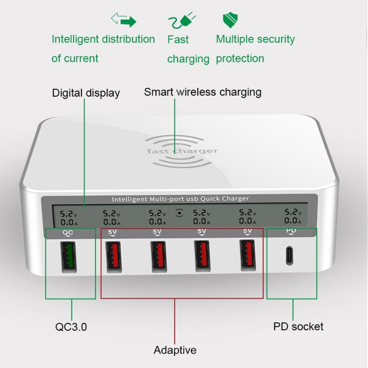 818PF 5 USB Ports + Type-C Smart Digital Display Wireless Phone Charger, Style: UK Plug (White) - Multifunction Charger by buy2fix | Online Shopping UK | buy2fix