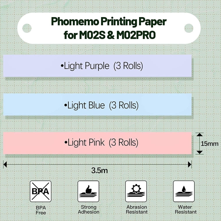 For Phomemo M02S / M02 Pro 9rolls /Pack 15mm Purple/Light Blue/Light Pink Bottom Self-adhesive Thermal Paper - Printer Accessories by Phomemo | Online Shopping UK | buy2fix