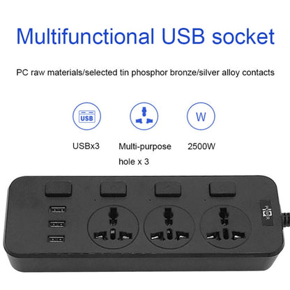 T14 2m 2500W 3 Plugs + 3-USB Ports Multifunctional Socket With Switch, Specification: UK Plug (Black) - Extension Socket by buy2fix | Online Shopping UK | buy2fix